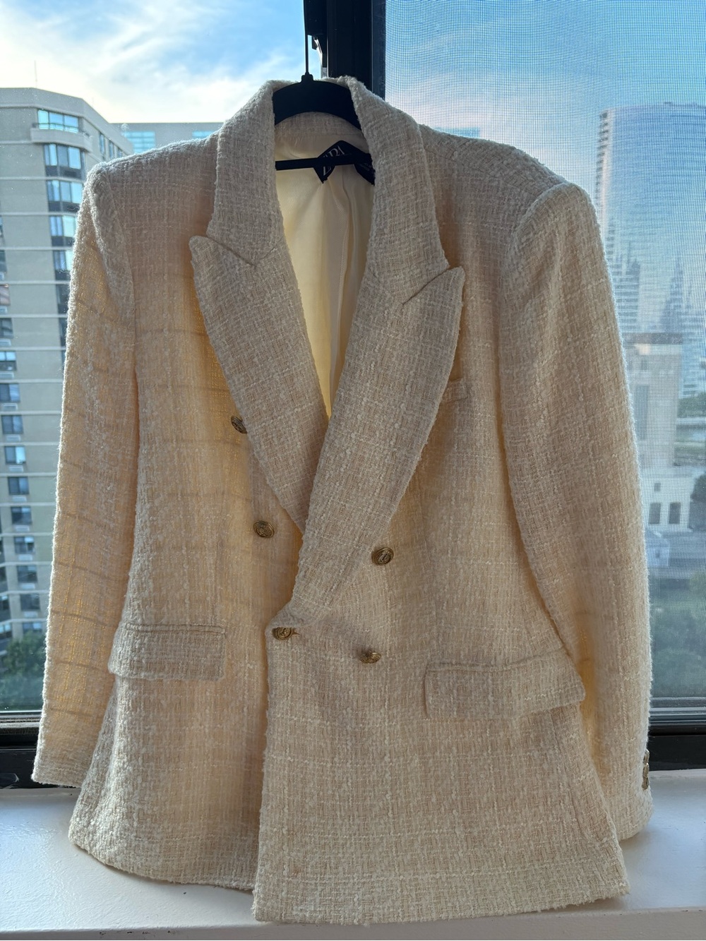 Zara Cream Double-Breasted Textured Blazer